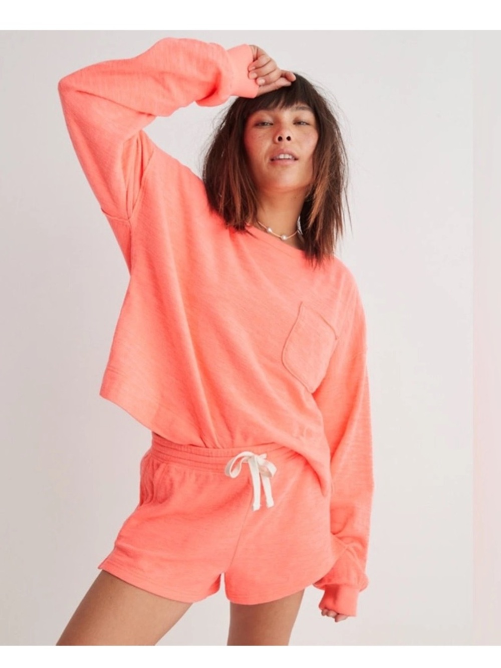 Aerie Endless Summer Crew Distressed Sweatshirt Top Coral Orange Women’s Size S
